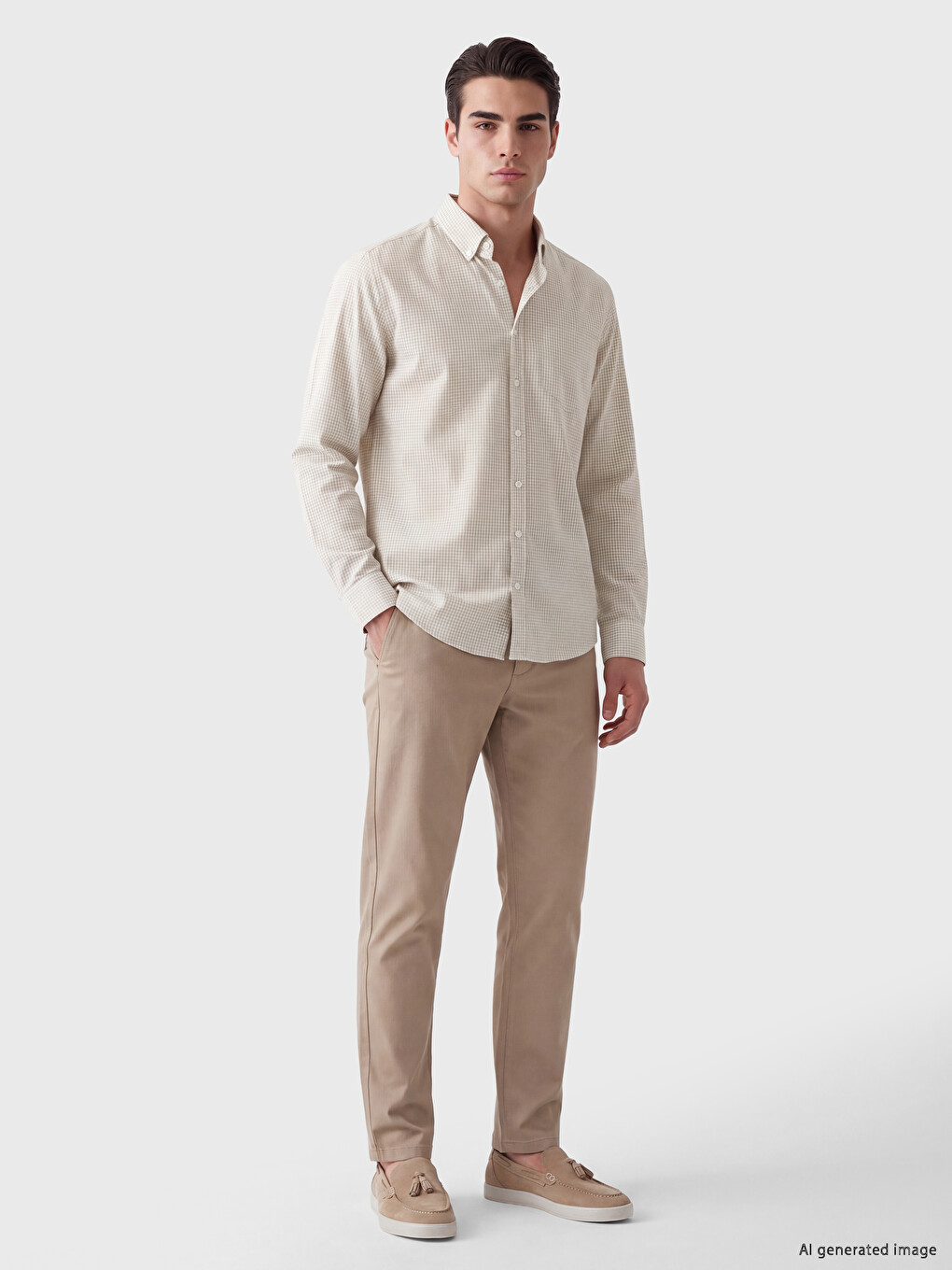 Bej Regular Fit Ekose Poplin Erkek Gömlek-1
