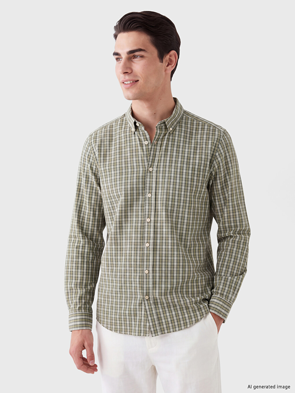 Yeşil Regular Fit Ekose Poplin Erkek Gömlek-1