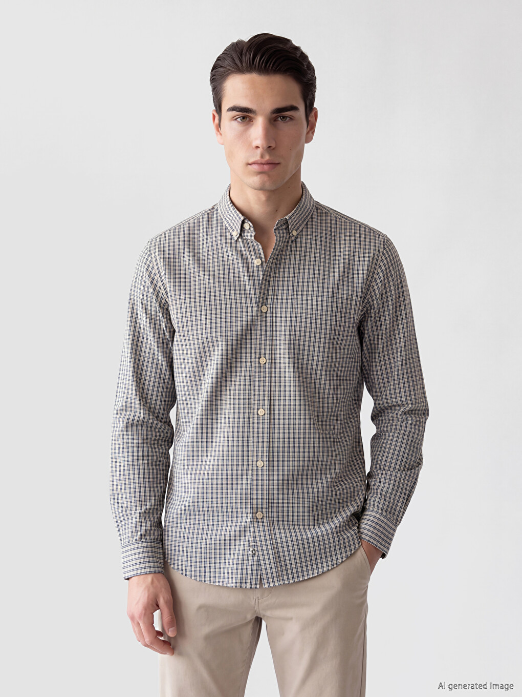 Bej Regular Fit Ekose Poplin Erkek Gömlek