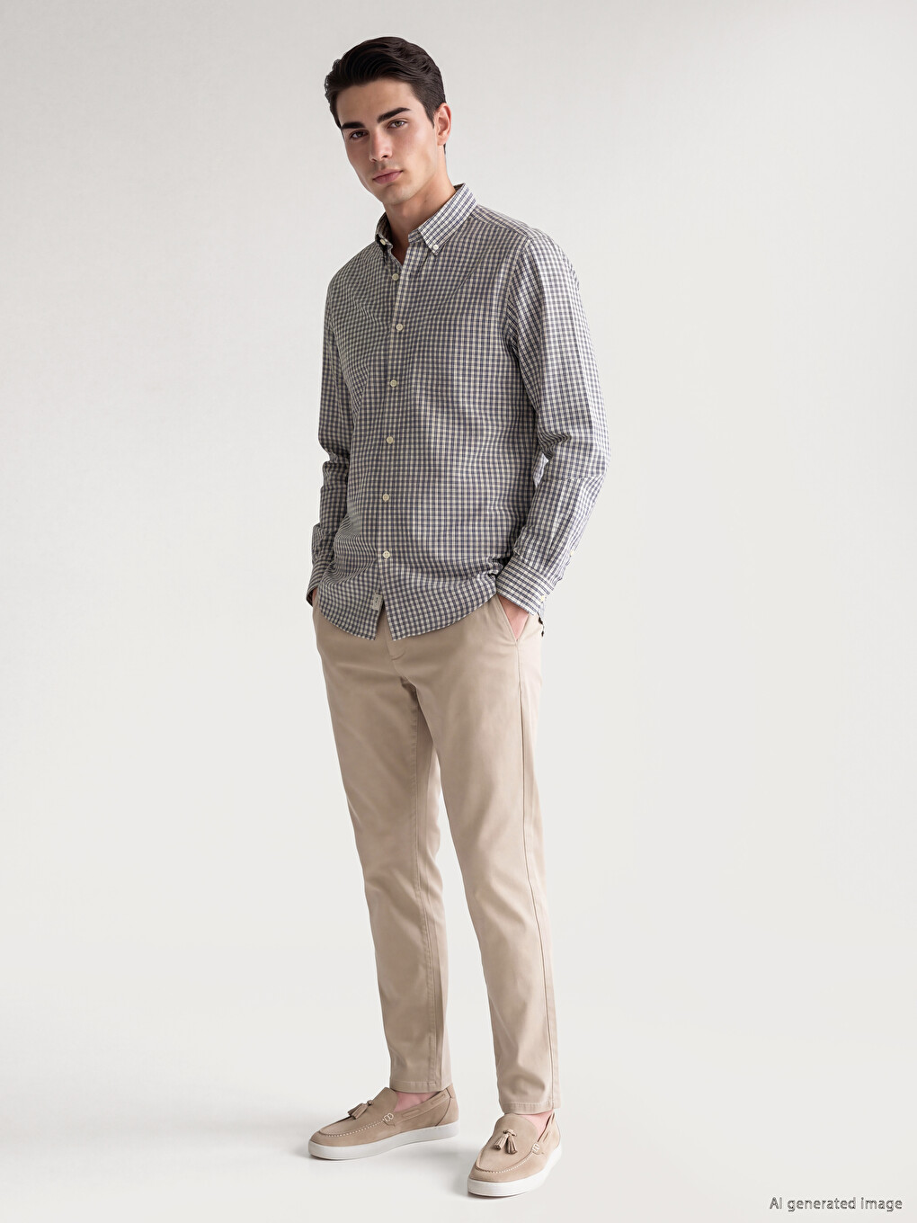 Bej Regular Fit Ekose Poplin Erkek Gömlek-1