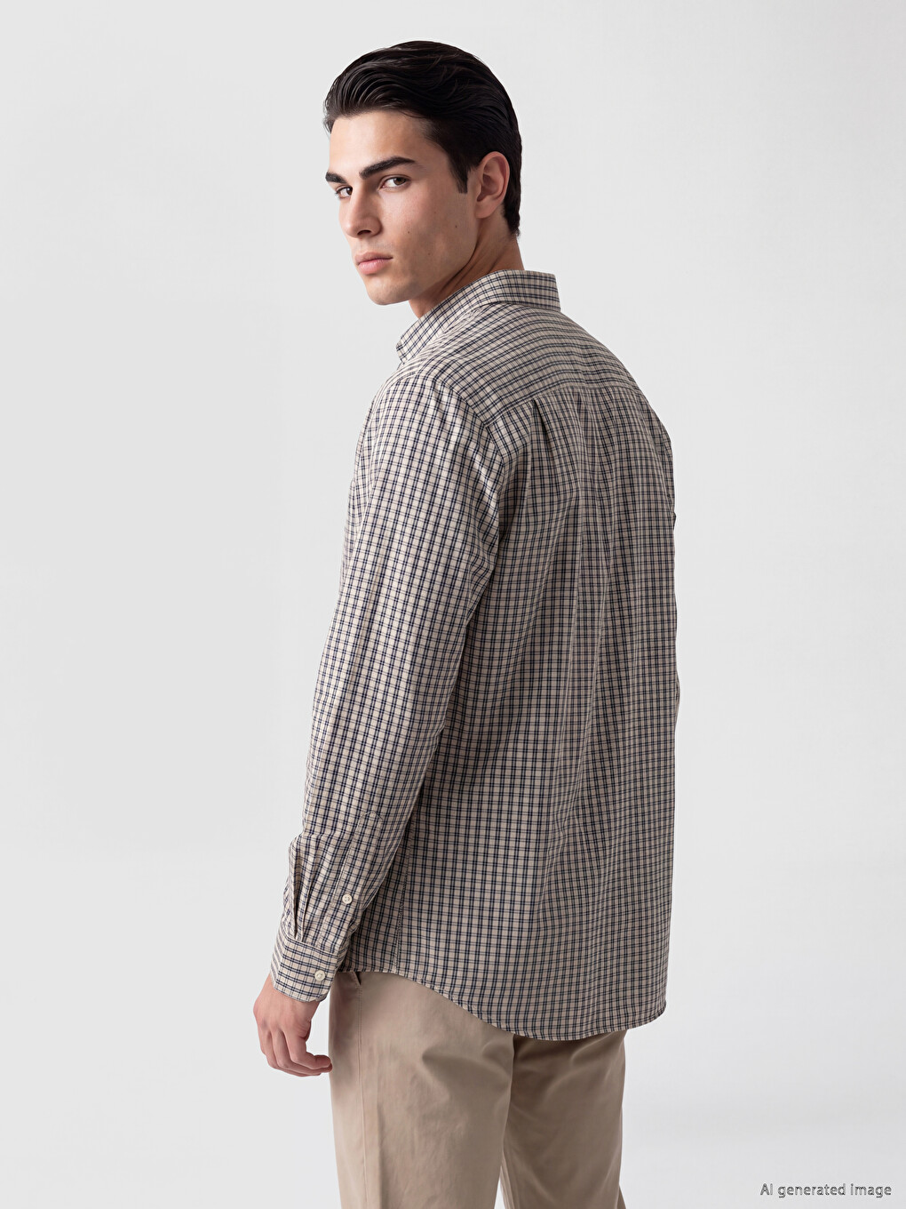 Bej Regular Fit Ekose Poplin Erkek Gömlek-2