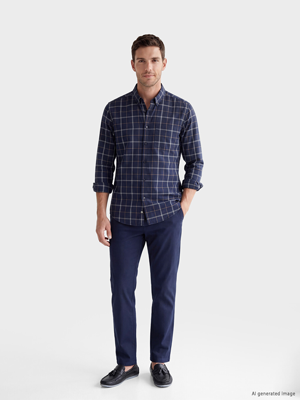 Lacivert Regular Fit Ekose Oxford Erkek Gömlek-1