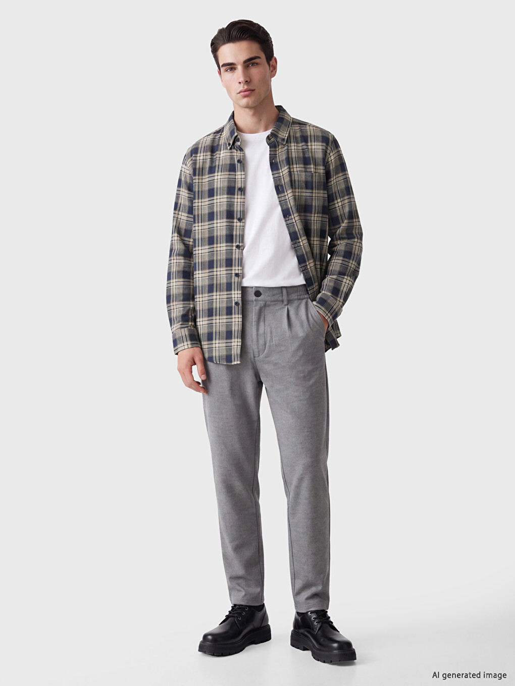 Bej Regular Fit Ekose Gabardin Erkek Gömlek-1