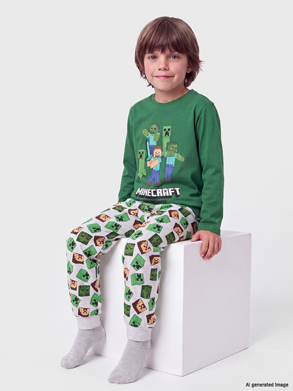 Yeşil Minecraft Baskılı Erkek Çocuk Pijama Takım
