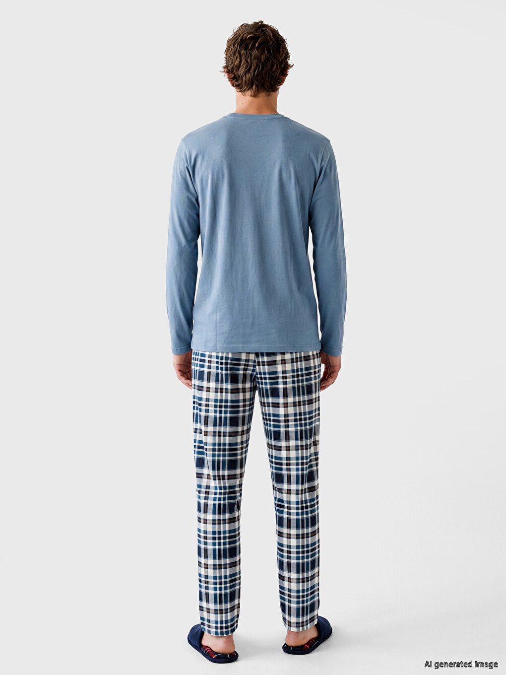 Lacivert Regular Fit Ekose Erkek Pijama Takımı-3