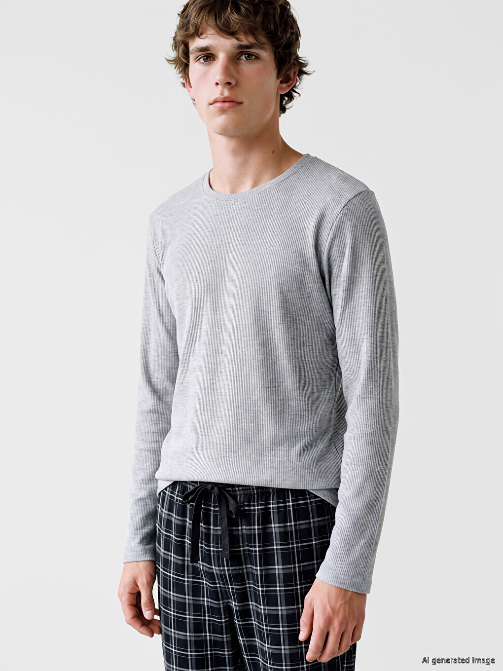 Gri Bisiklet Yaka Erkek Termal Pijama Üst-1