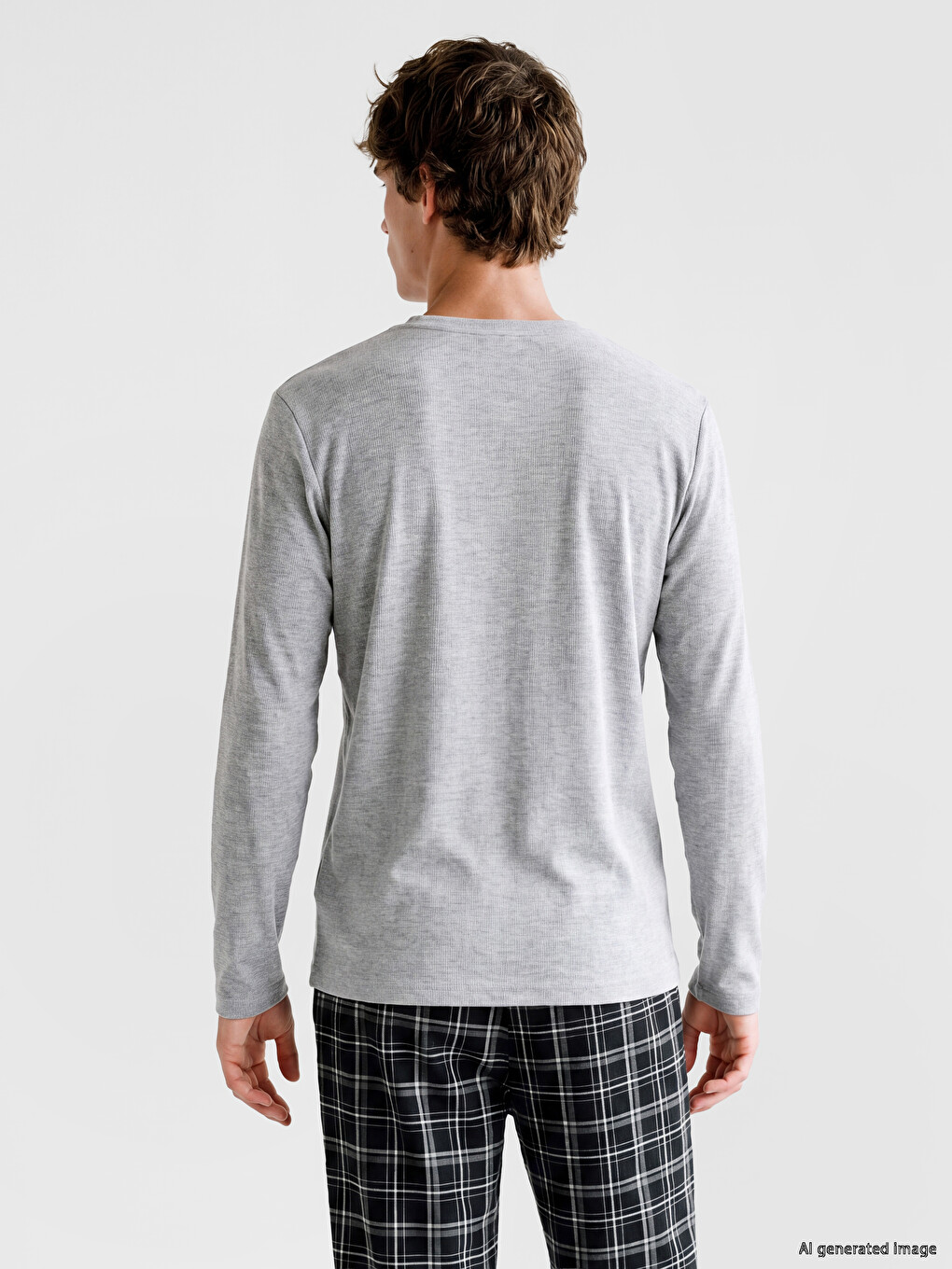 Gri Bisiklet Yaka Erkek Termal Pijama Üst-3