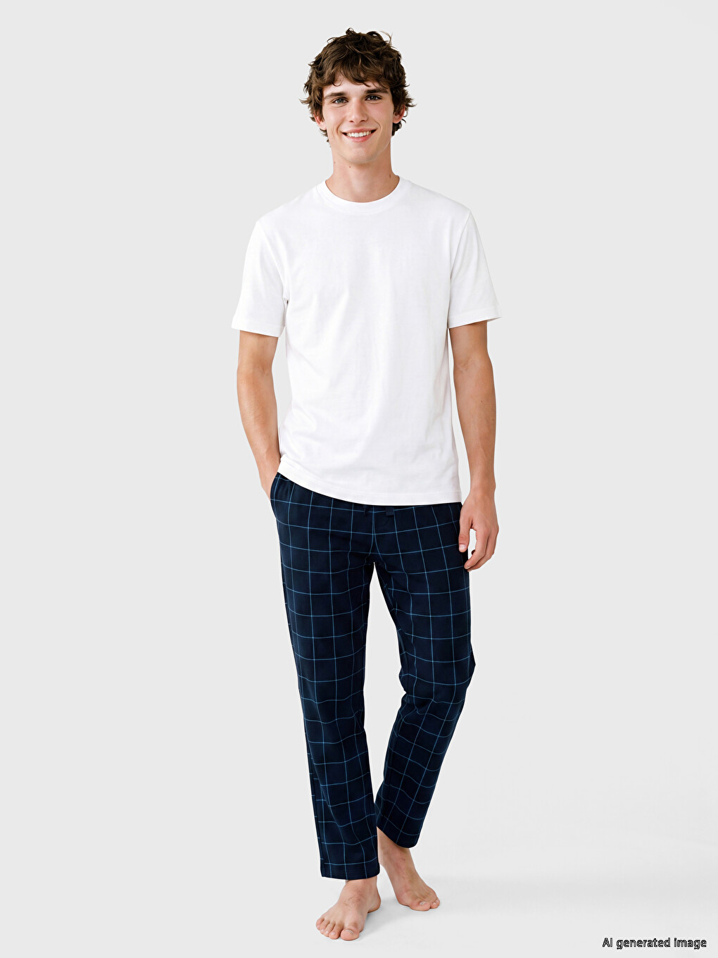Lacivert Regular Fit Ekose Erkek Pijama Alt-1