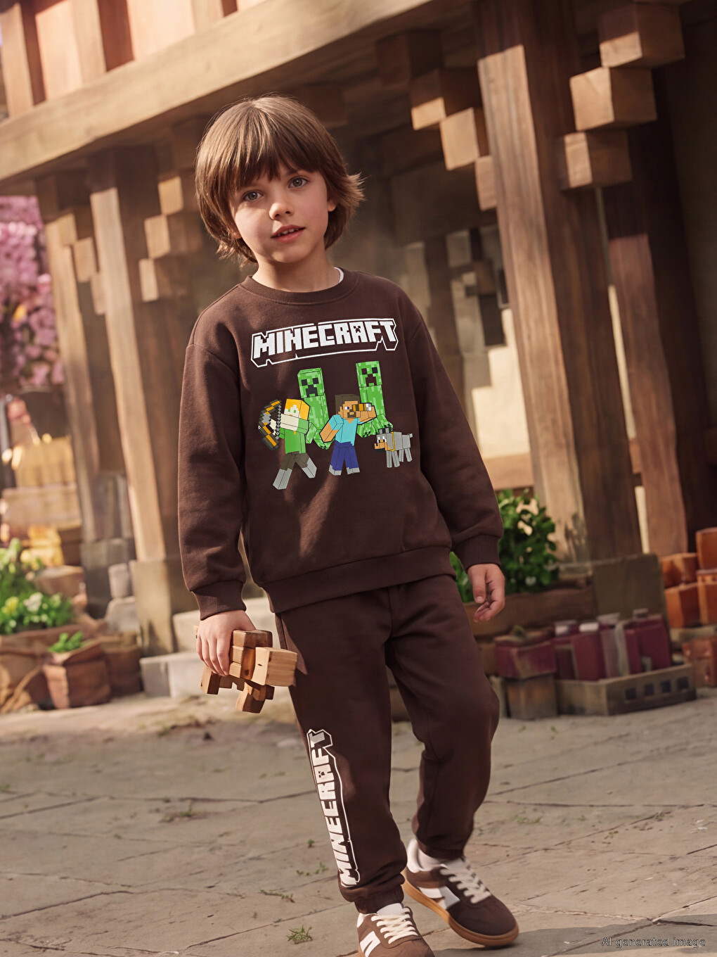 Kahverengi Minecraft Baskılı Erkek Çocuk Takım