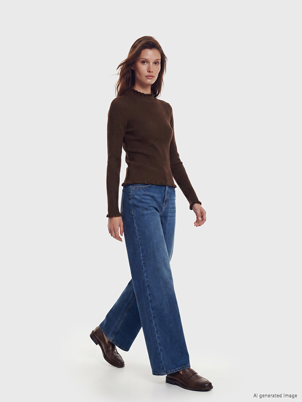 Gekräuselter Stehkragen Damen Strickpullover-1