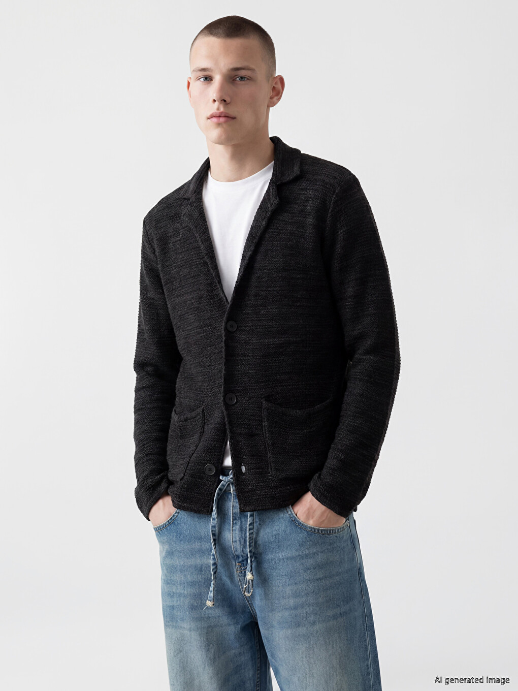 Siyah Slim Fit Ceket Yaka Erkek Triko Hırka
