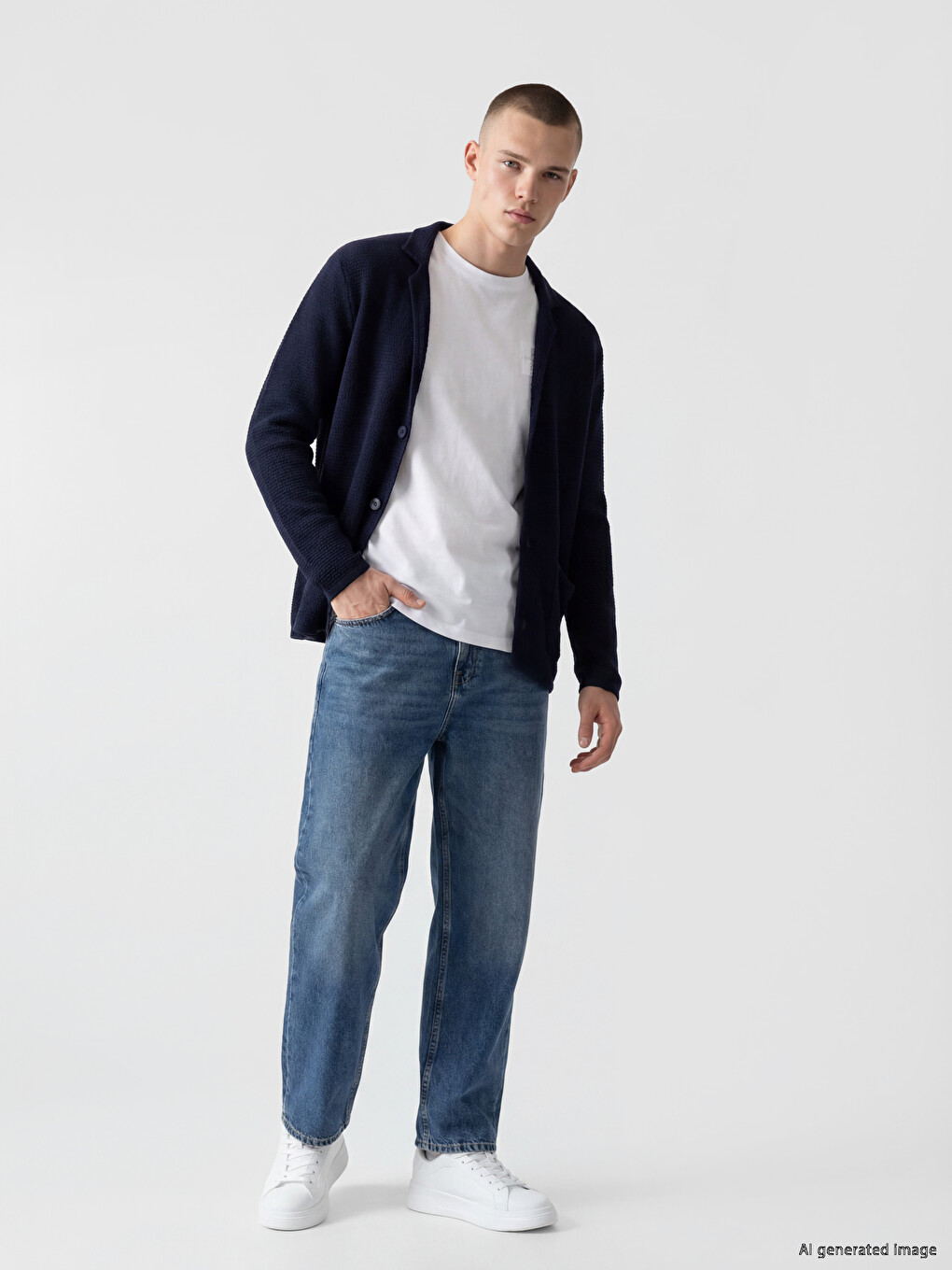 Lacivert Slim Fit Ceket Yaka Erkek Triko Hırka-1