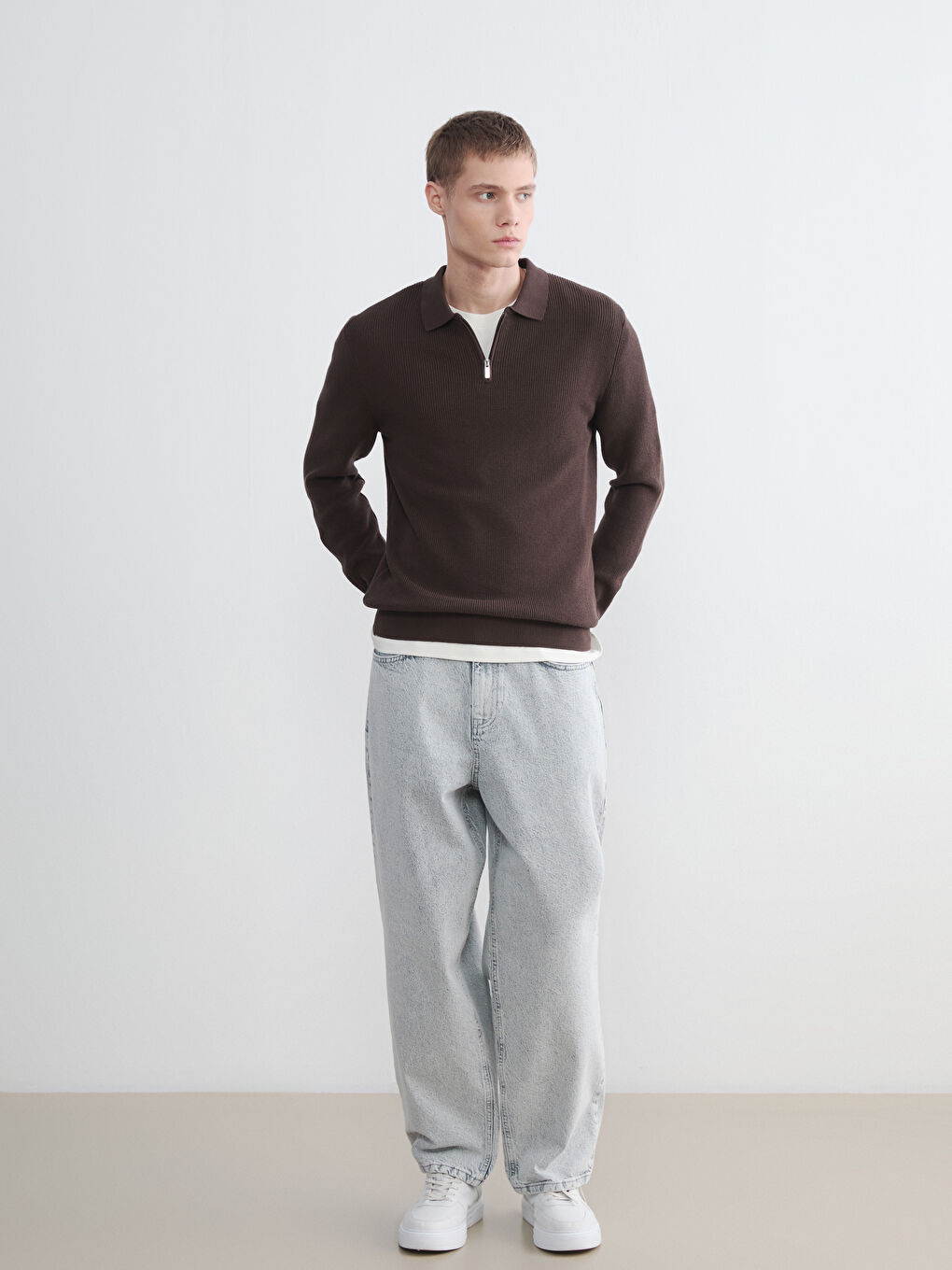 Kahverengi Polo Yaka Erkek Triko Kazak-1