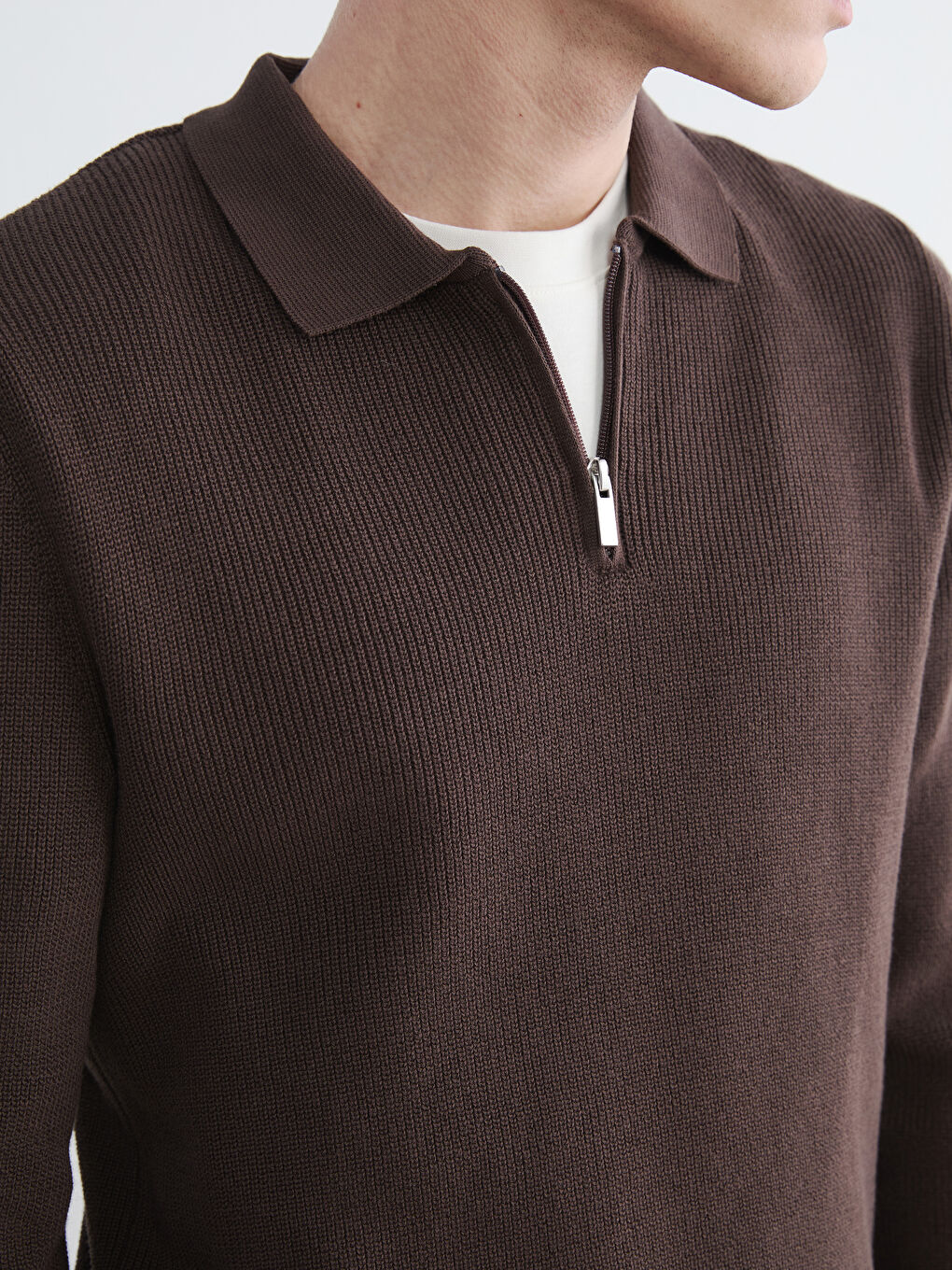 Kahverengi Polo Yaka Erkek Triko Kazak-2