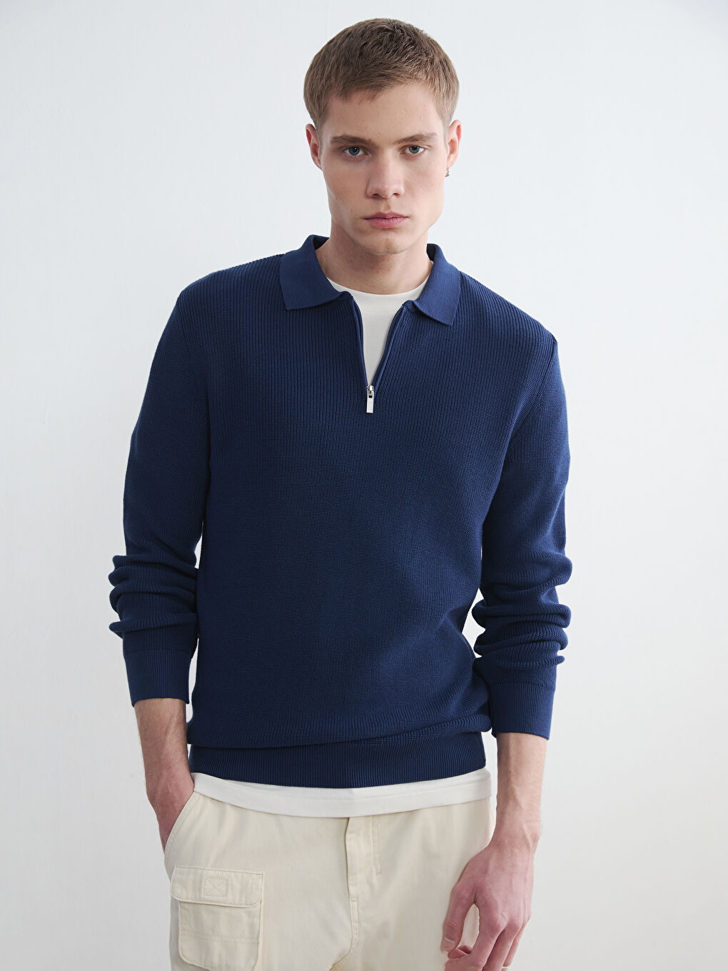 İndigo Polo Yaka Erkek Triko Kazak