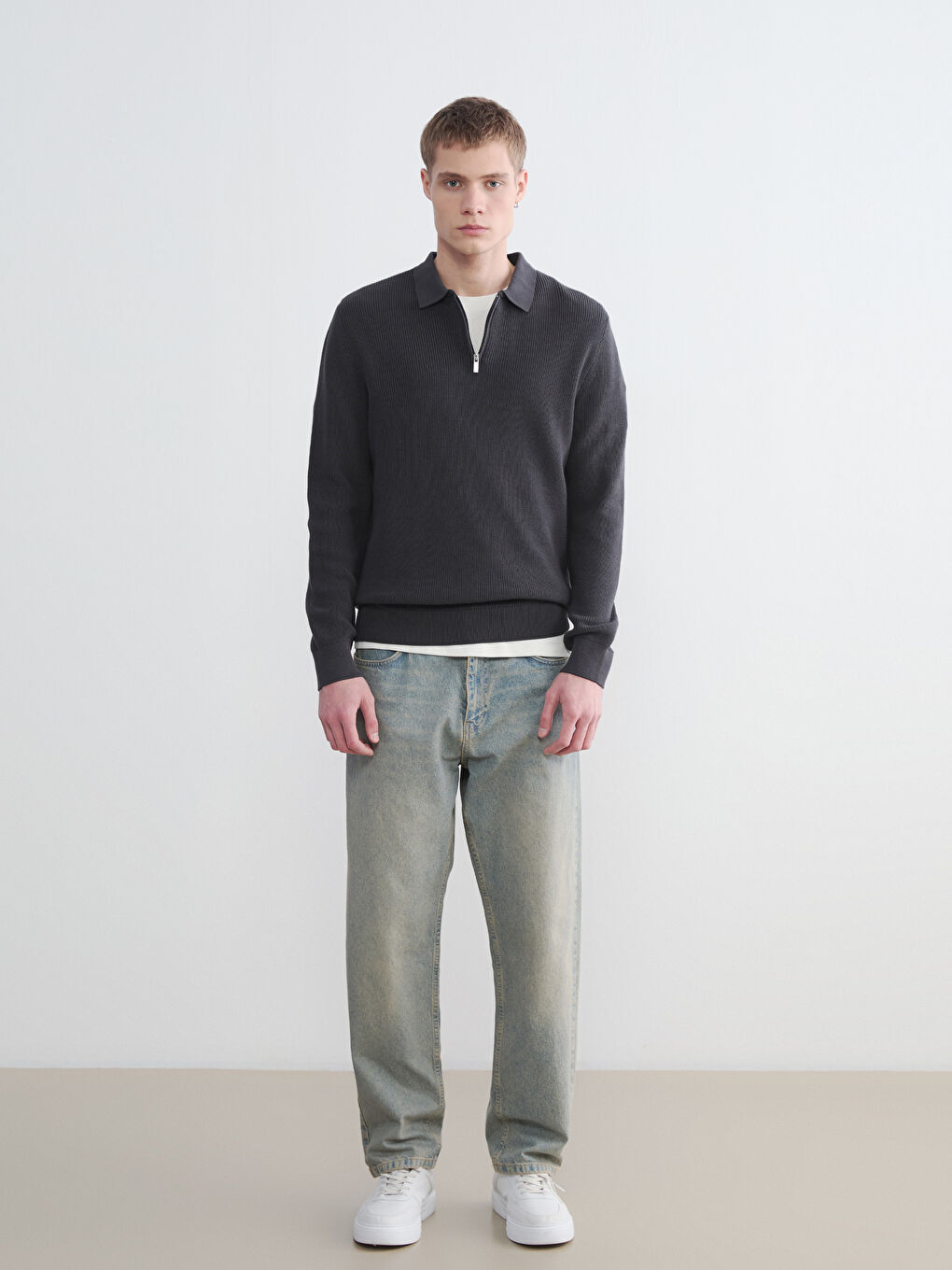 Antrasit Polo Yaka Erkek Triko Kazak-1