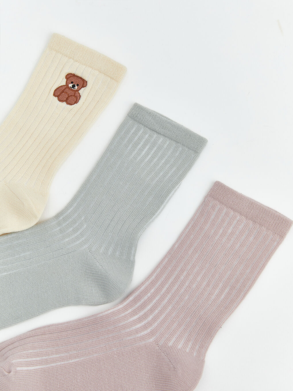 Ekru Ayı Nakışlı Kadın Soket Çorap 5'li-1