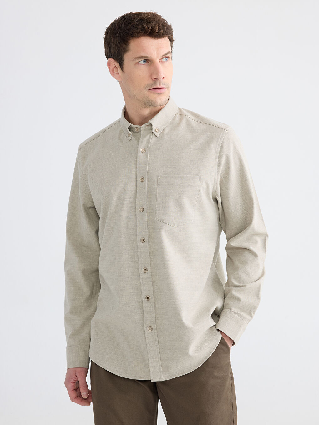 Bej Regular Fit Armürlü Erkek Gömlek
