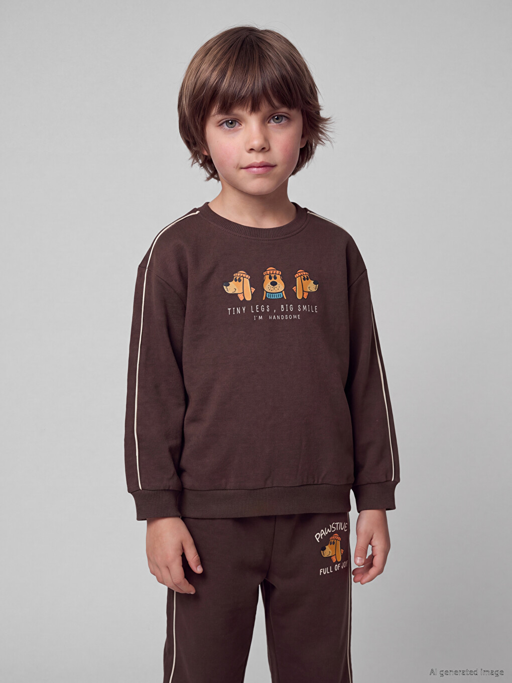 Kahverengi Baskılı Erkek Çocuk Kalın Sweatshirt
