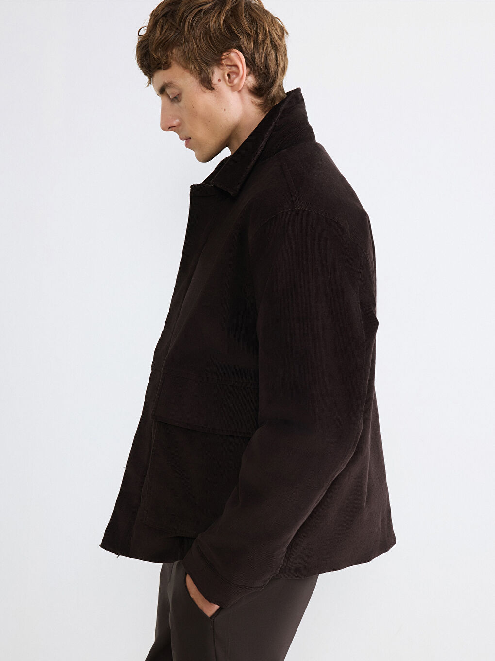 Kahverengi Rahat Kalıp Kadife Erkek Mont