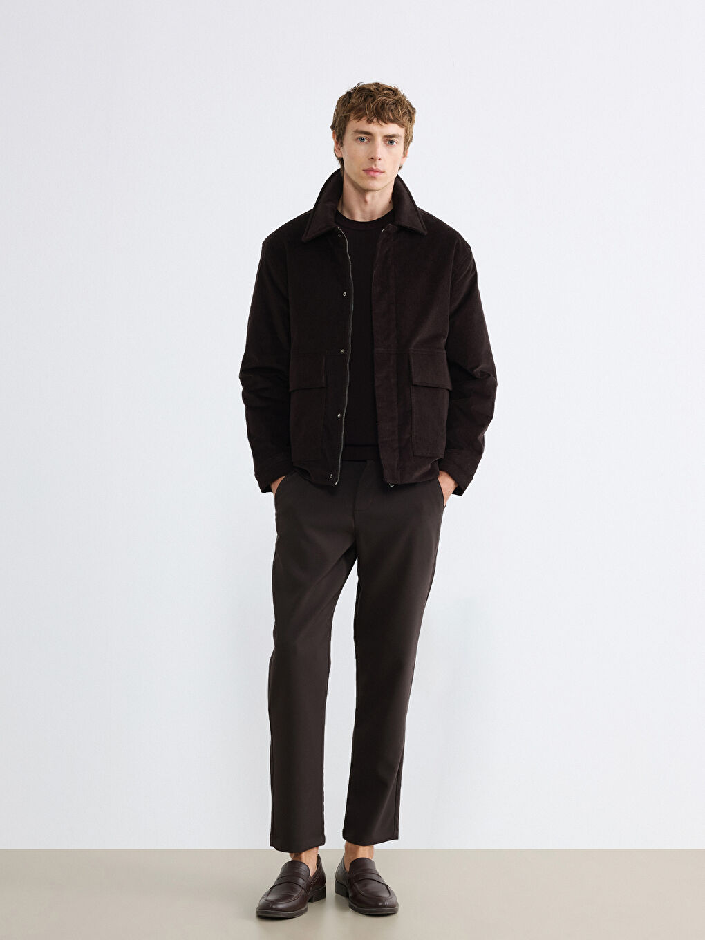 Kahverengi Rahat Kalıp Kadife Erkek Mont-1