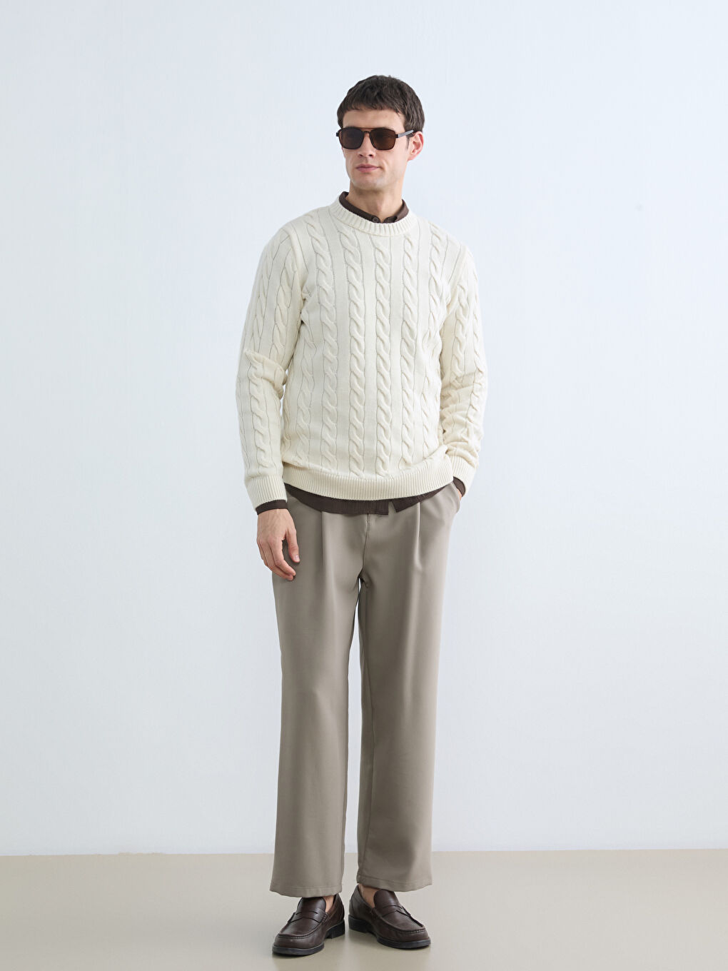 Bej Bisiklet Yaka Desenli Erkek Triko Kazak-1