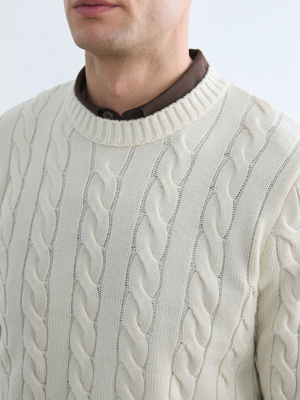 Bej Bisiklet Yaka Desenli Erkek Triko Kazak-2