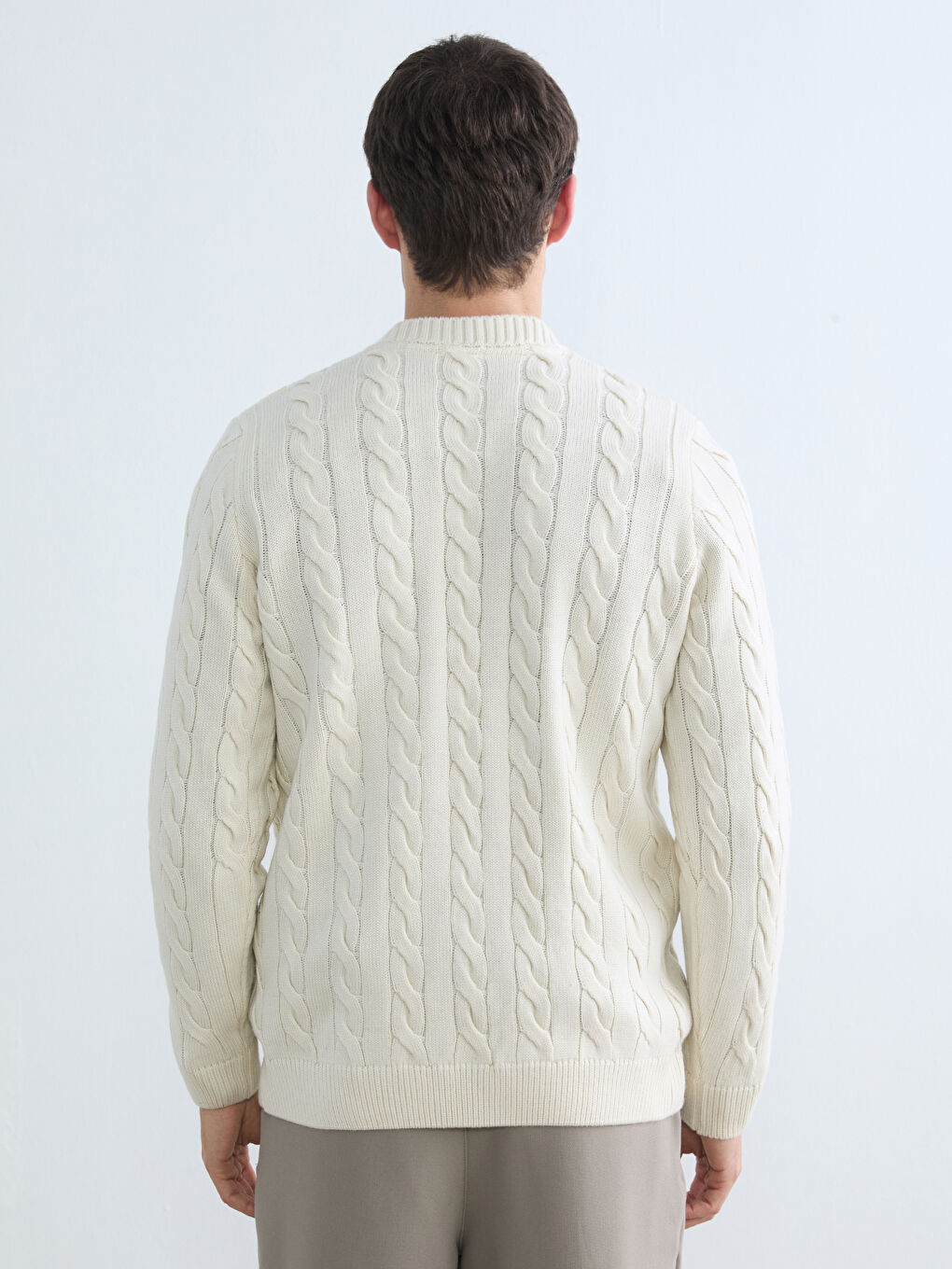 Bej Bisiklet Yaka Desenli Erkek Triko Kazak-3