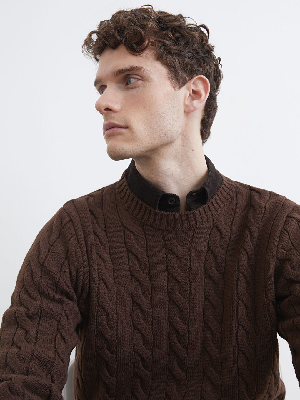 Kahverengi Bisiklet Yaka Desenli Erkek Triko Kazak-2