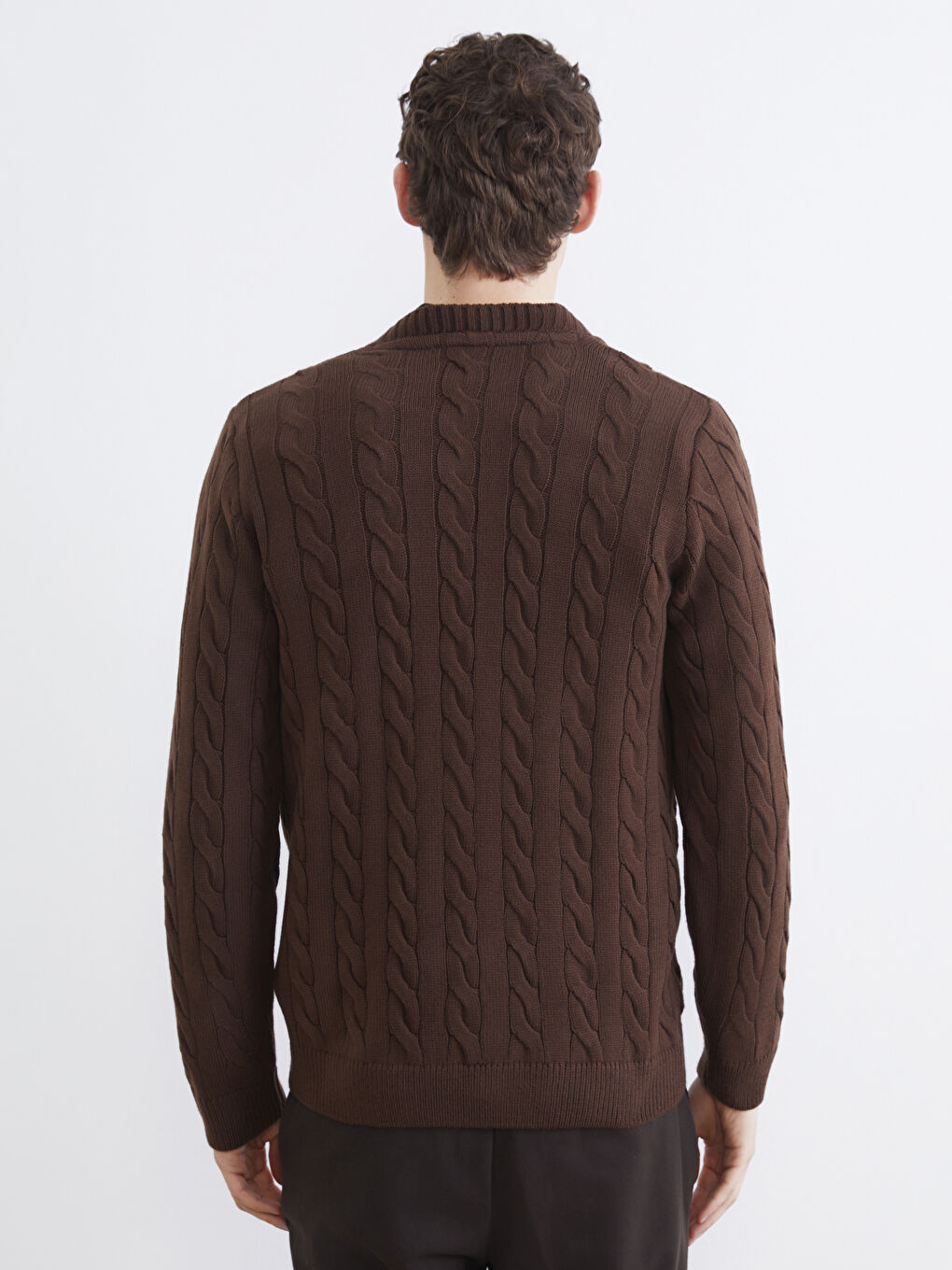 Kahverengi Bisiklet Yaka Desenli Erkek Triko Kazak-3