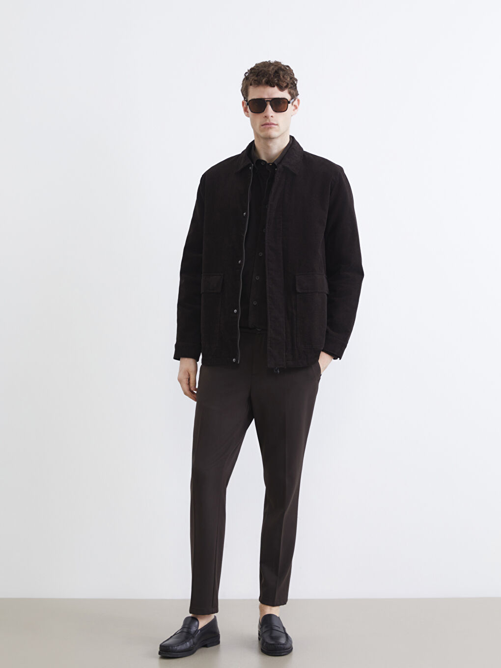 Kahverengi Standart Kalıp Gömlek Yaka Kadife Erkek Mont-1