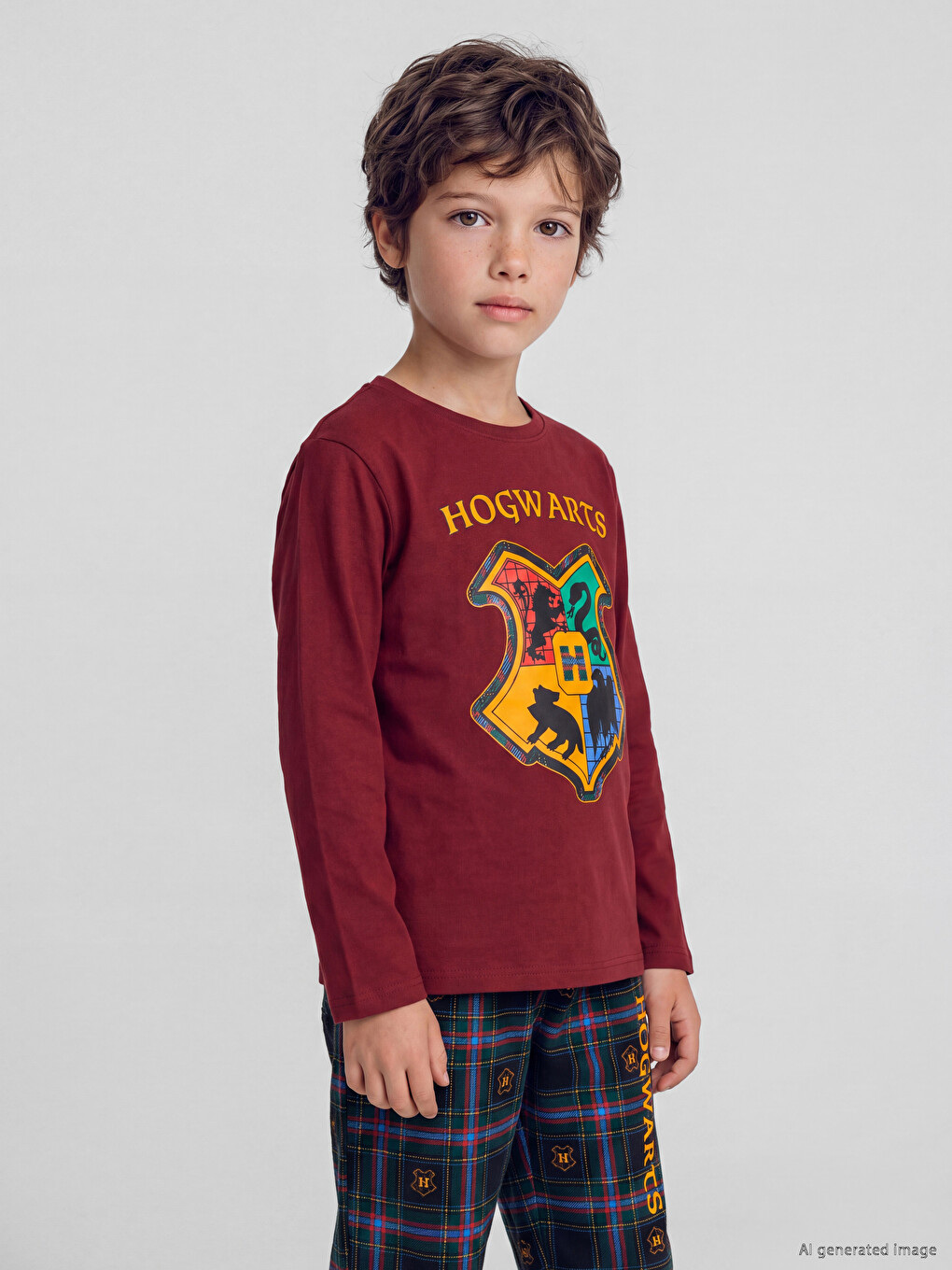 Bordo Harry Potter Lisanslı Bisiklet Yaka Erkek Çocuk Pijama Takım-1