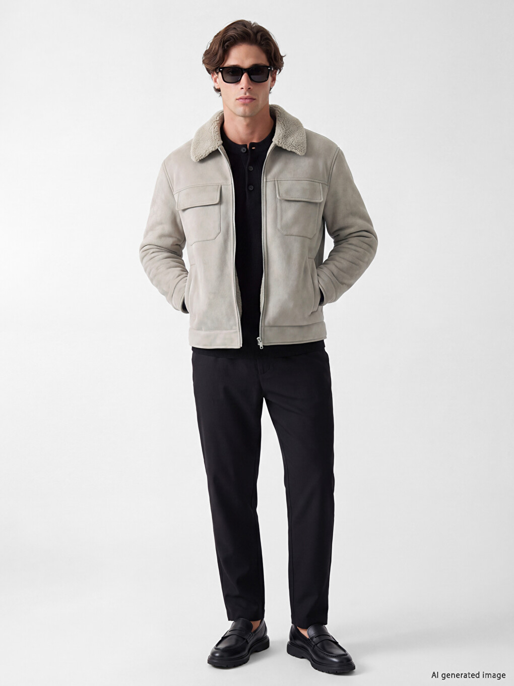 Gri Regular Fit Kürk Yaka Erkek Süet Mont-1
