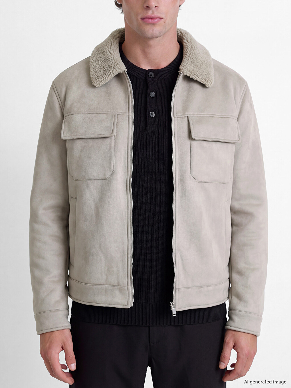 Gri Regular Fit Kürk Yaka Erkek Süet Mont-2