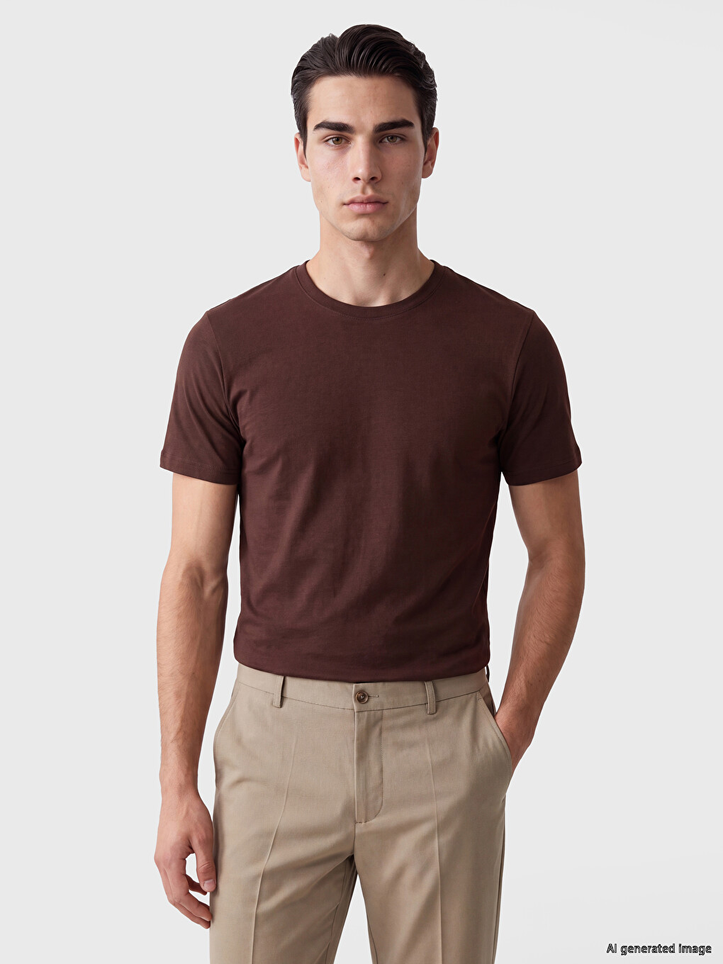 Kahverengi Slim Fit Bisiklet Yaka Erkek Tişört