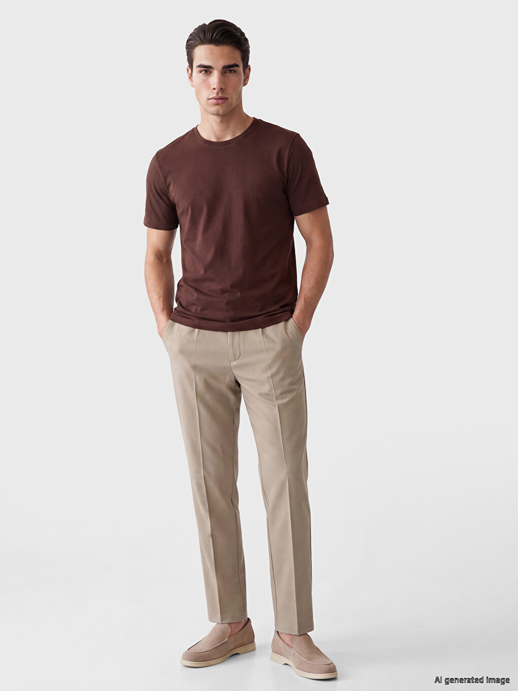 Kahverengi Slim Fit Bisiklet Yaka Erkek Tişört-1