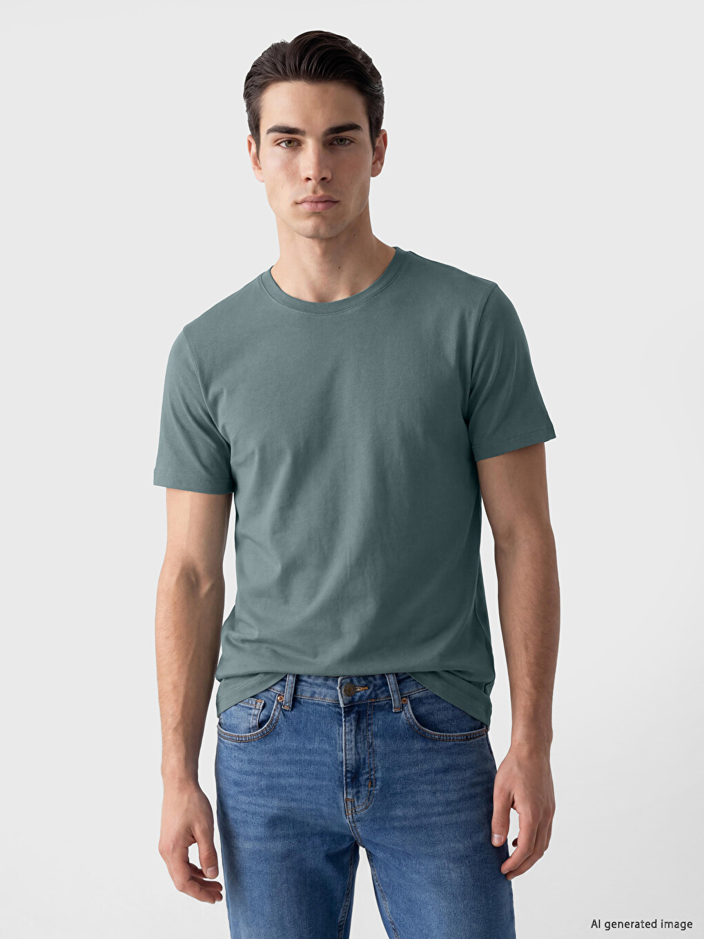 Yeşil Slim Fit Bisiklet Yaka Erkek Tişört-1