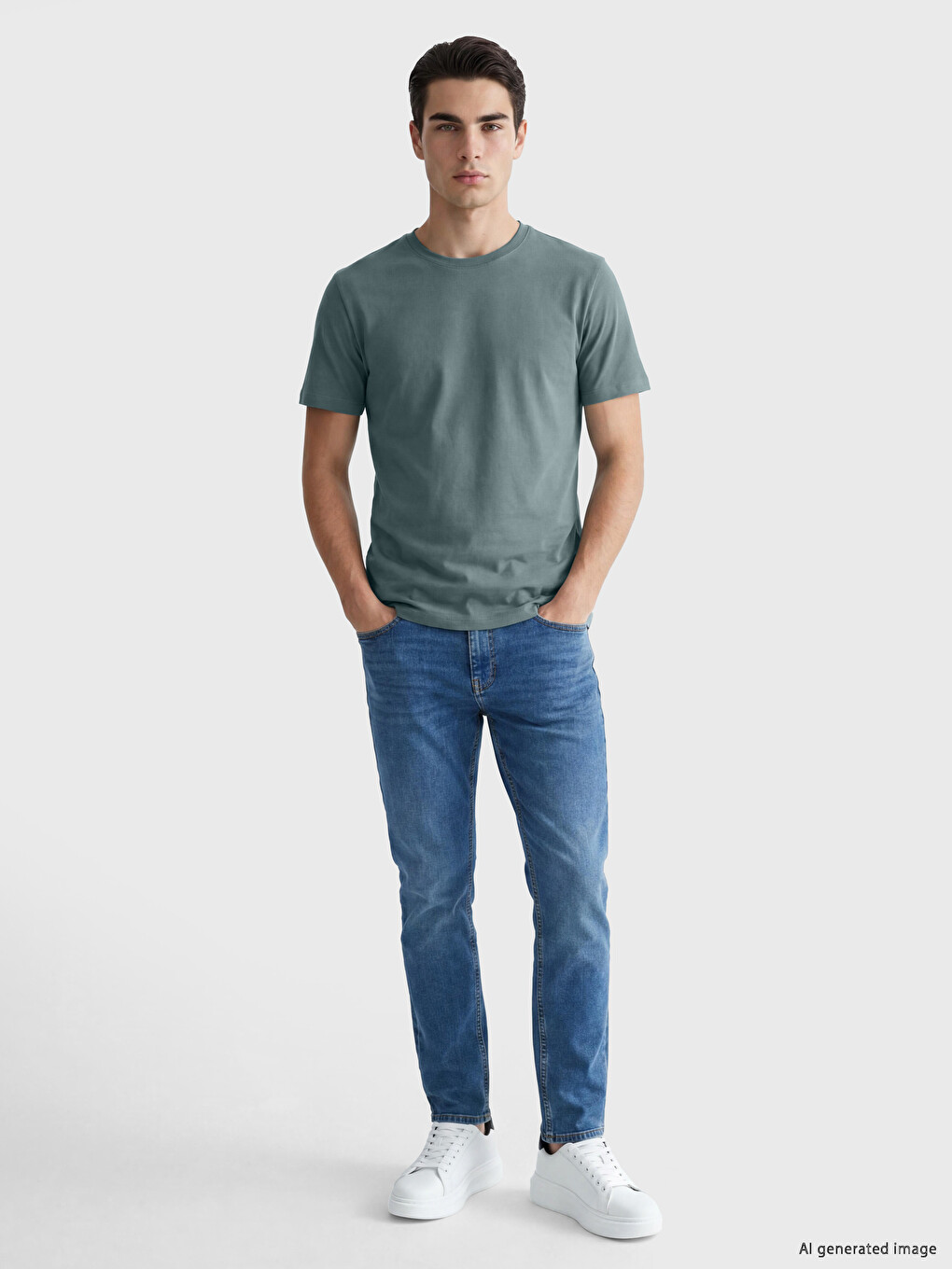 Yeşil Slim Fit Bisiklet Yaka Erkek Tişört-2