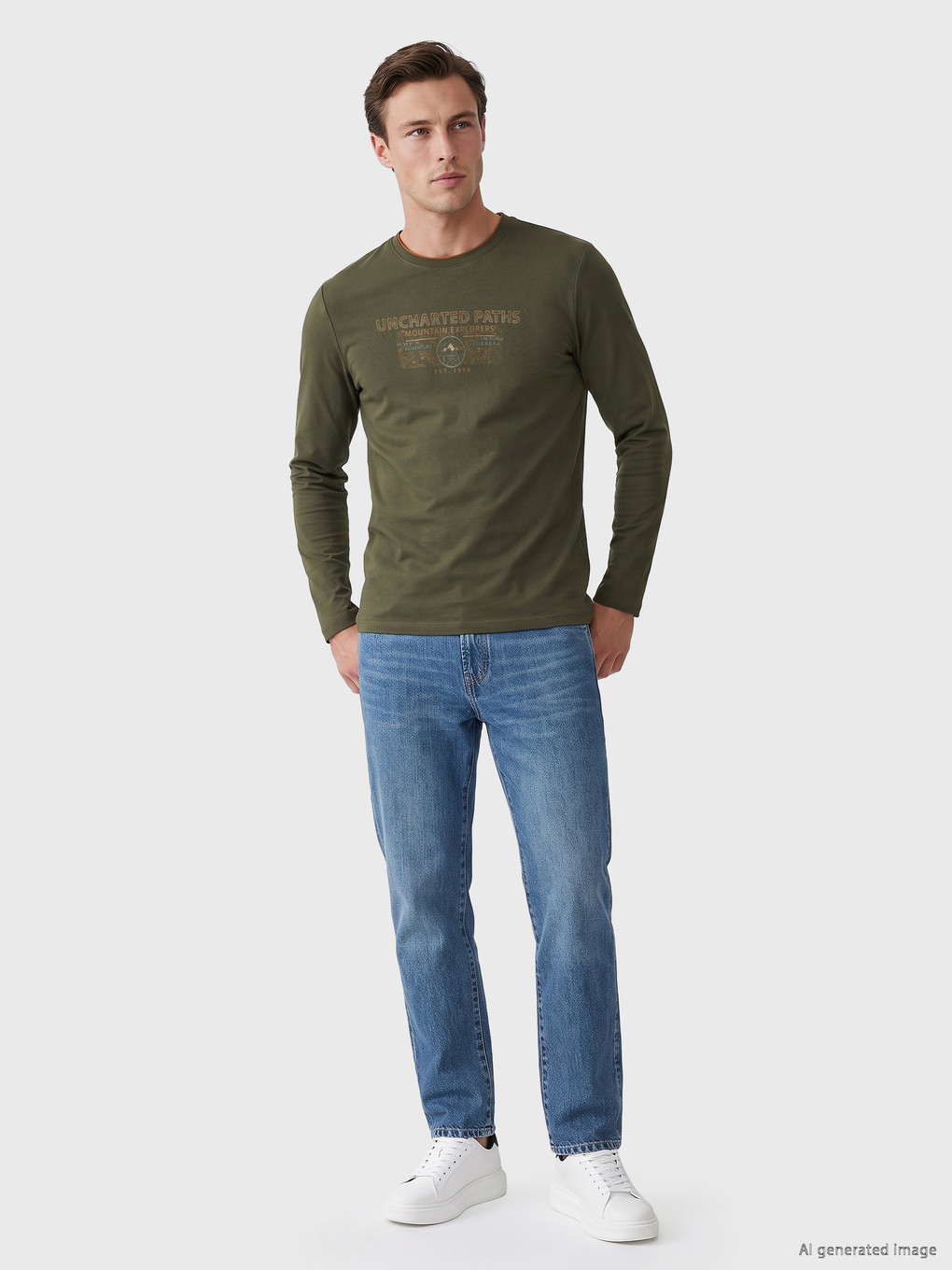 Haki Bisiklet Yaka Baskılı Erkek Sweatshirt-1