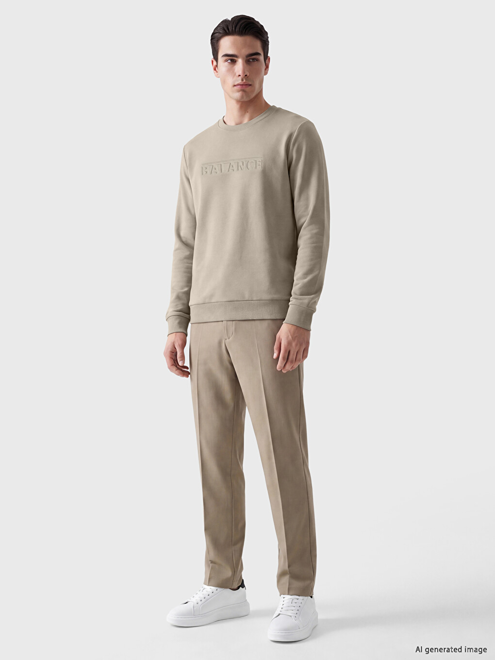 Bej Bisiklet Yaka Kabartma Baskılı Erkek Sweatshirt