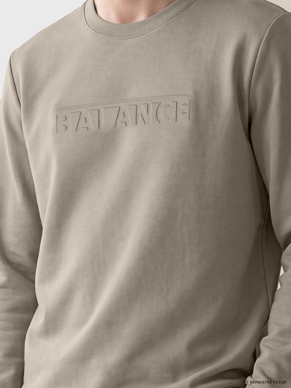 Bej Bisiklet Yaka Kabartma Baskılı Erkek Sweatshirt-1