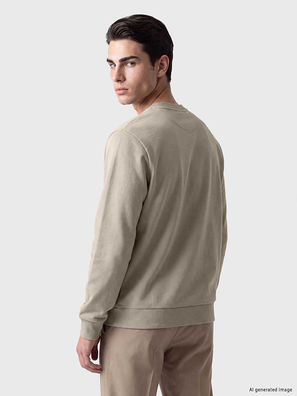 Bej Bisiklet Yaka Kabartma Baskılı Erkek Sweatshirt-2