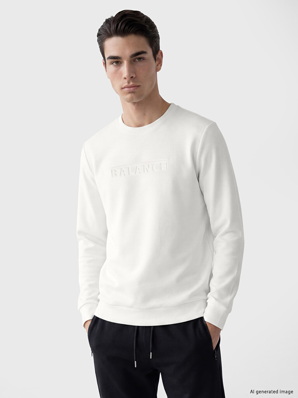 Beyaz Bisiklet Yaka Baskılı Erkek Sweatshirt