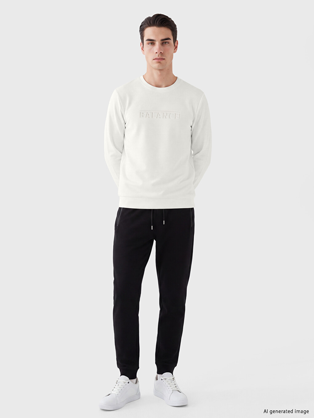Beyaz Bisiklet Yaka Baskılı Erkek Sweatshirt-1