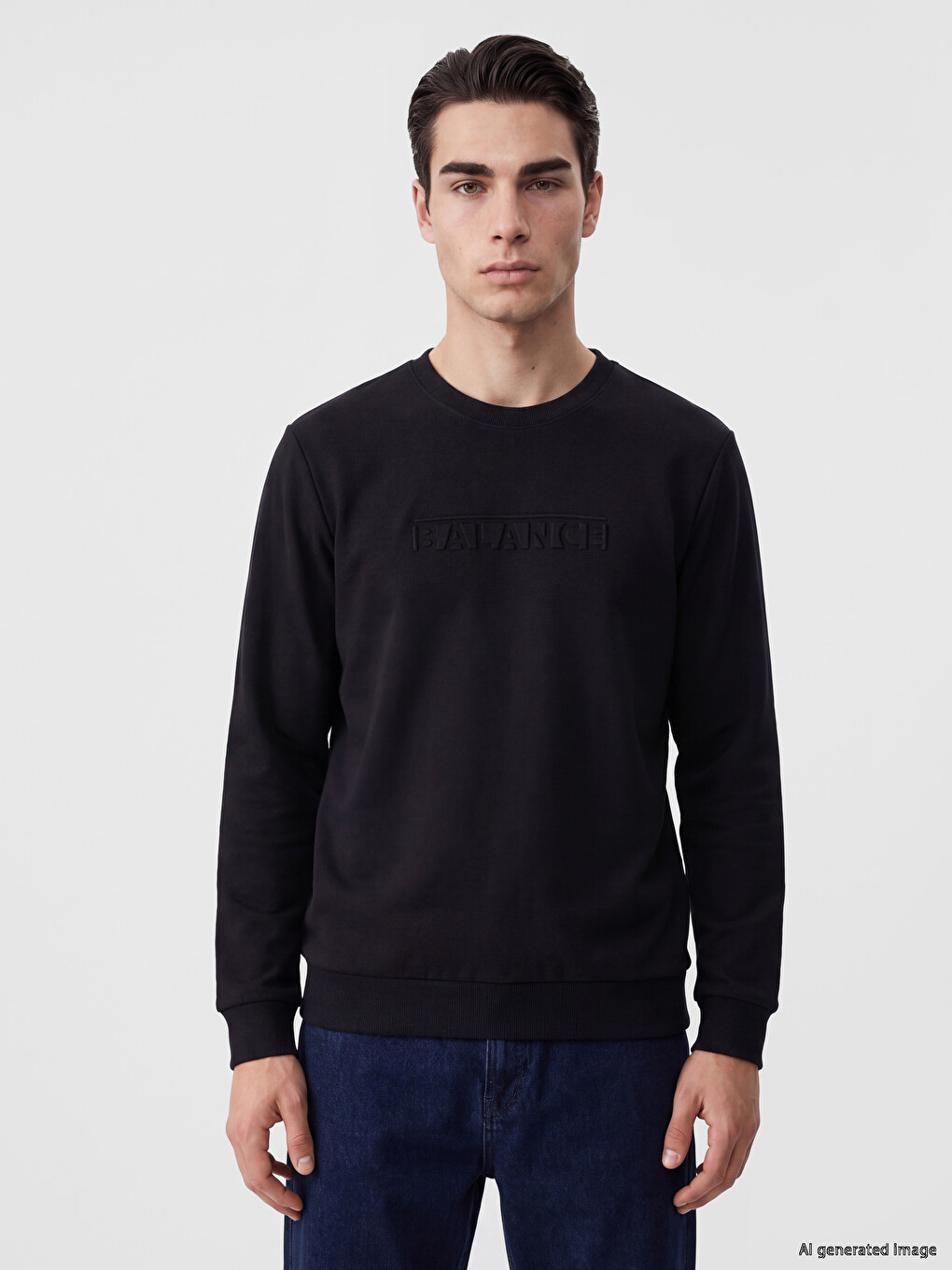 Siyah Bisiklet Yaka Kabartma Baskılı Erkek Sweatshirt