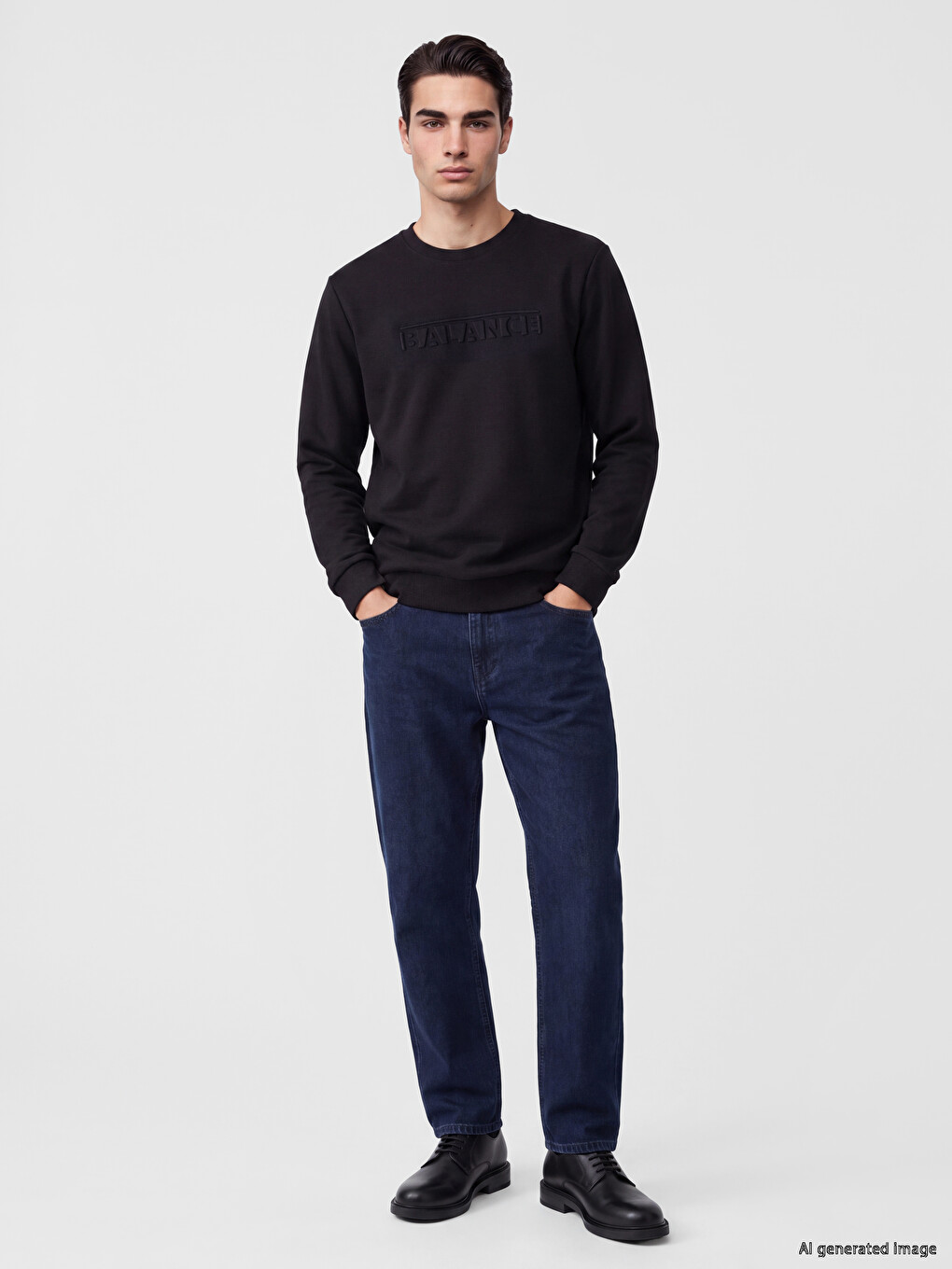 Siyah Bisiklet Yaka Kabartma Baskılı Erkek Sweatshirt-1