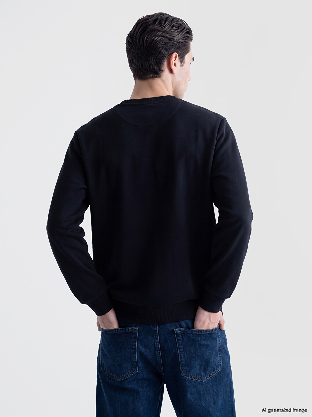 Siyah Bisiklet Yaka Kabartma Baskılı Erkek Sweatshirt-3