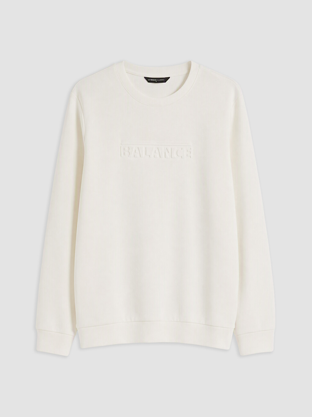 Beyaz Bisiklet Yaka Kabartma Baskılı Erkek Sweatshirt-4