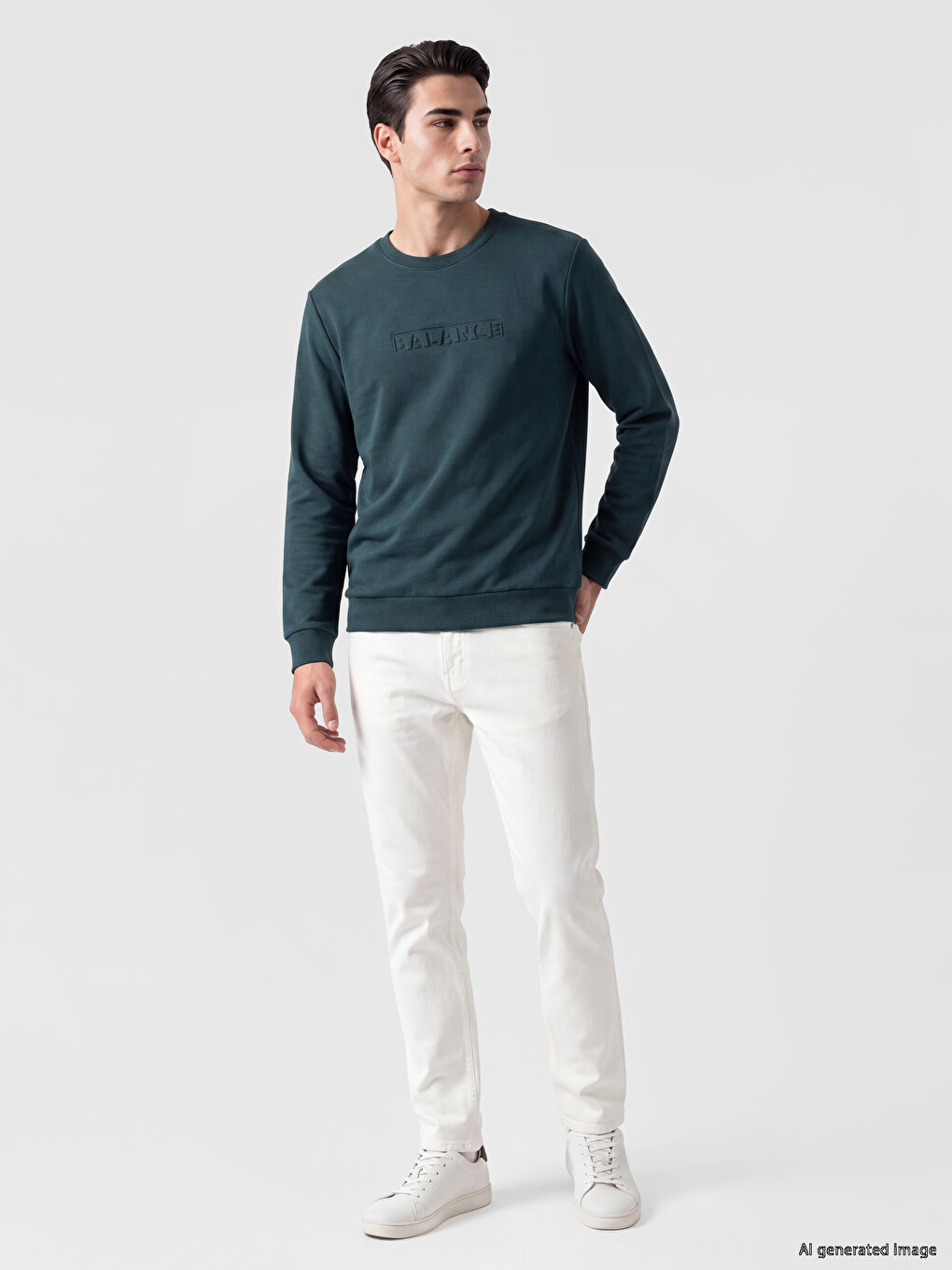 Petrol Bisiklet Yaka Kabartma Baskılı Erkek Sweatshirt-1