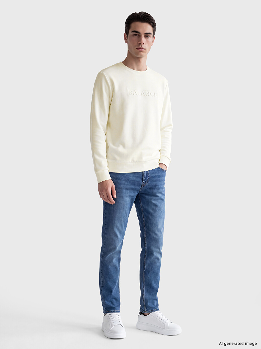 Beyaz Bisiklet Yaka Kabartma Baskılı Erkek Sweatshirt-1